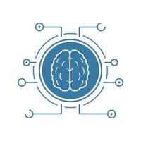Neural networks icon. Blue silhouette symbol. Human brain in microchip pathways. Artificial intelligence. Negative space. Vector isolated illustration