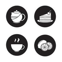 Tea icons set. Piece of cake on plate, steaming cup, cutted lemon, brewing teapot infuser. Vector white silhouettes illustrations in black circles
