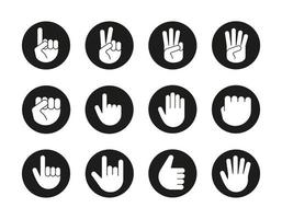 Hand gestures icons set. Point out, approve, hello, heavy metal, thumbs up, fist, direction point symbols. One, two, three, four, five fingers. Vector white silhouettes illustrations in black circles