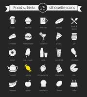 Food and drinks chalk icons set. Alcohol, fruits and vegetables, dairy products, bakery and sweets. Restaurant and cafe menu items. Isolated vector chalkboard illustrations