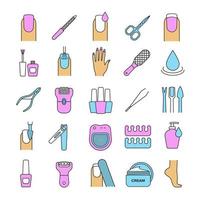 Manicure and pedicure color icons set. Nail polish, scissors, epilator, spa bath, soap, cream, tweezers, foot rasp, cuticle nipper. Isolated vector illustrations