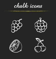 Fruit and berries chalk icons set. Bunch of grapes, raspberry, cutted lemon, cherries. Isolated vector chalkboard illustrations