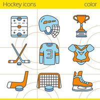 Conjunto de iconos de colores de equipos de hockey. casco, disco y palos, camiseta, hombrera, puerta, patín, trofeo de ganador, pista de hockey. ilustraciones vectoriales aisladas vector