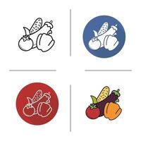 icono de verduras. diseño plano, estilos lineales y de color. productos de la tienda de comestibles. pimiento naranja, berenjena, maíz, tomate. ilustraciones vectoriales aisladas vector