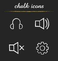 Music player menu chalk icons set. Mute on and off, headphones and settings gear. Isolated vector chalkboard illustrations