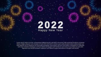 Editable realistic 2022 number balloon with Brightly Colorful Fireworks on Dark Blue Background with sparkling light. Happy New Year Firework Vector Illustration. Festival Fireworks Banner