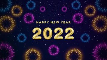 Editable realistic 2022 number balloon with Brightly Colorful Fireworks on Dark Blue Background with sparkling light. Happy New Year Firework Vector Illustration. Festival Fireworks Banner