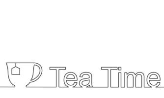 One line drawing style of a cup of tea and wording Tea Time isolated on white background. There is a copy space for your text. vector