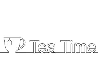 One line drawing style of a cup of tea and wording Tea Time isolated on white background. There is a copy space for your text. vector