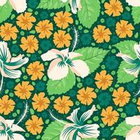 Orange and dark green color combination hibiscus surface pattern design with conceptual foliage elements. Print and use for garment clothes, napkin, raincoat, sofa, art print, drapery etc. vector