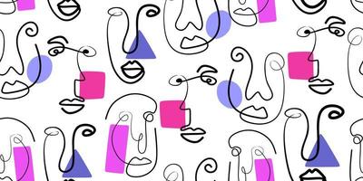 One line drawing face masks. Outline background with female faces. vector