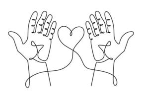 Hand with heart love symbols, continuous one line drawing. vector