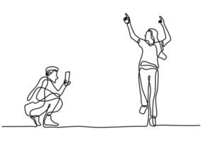 One continuous line drawing of man taking photo woman with smartphone. vector