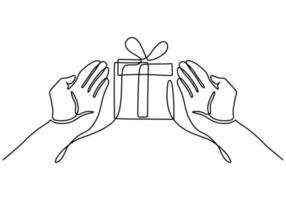 mano que sostiene la caja de regalo. dibujo de línea continua, dibujado a una mano.