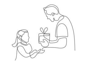 Father holding gift box to daughter, continuous one line drawing. vector