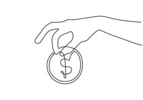 Hand holding dollar coin continuous line drawing, one hand drawn. vector