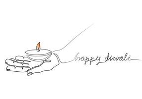 Continuous one line drawing hand holding burning candle diwali day vector