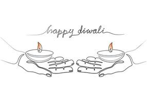 Continuous one line drawing hand holding burning candle diwali day vector