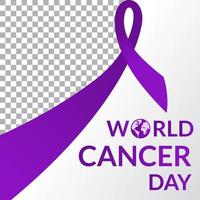 plantilla de redes sociales para el día mundial del cáncer el 4 de febrero con cinta morada y tipografía de mapa mundial. fondo de banner evento internacional de concienciación social y salud vector