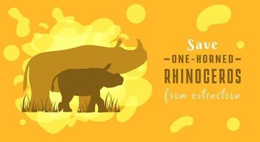 Save the one-horned rhinoceros from extinction. Endangered Endemic Animal from Indonesia. Ecology crisis. Big ecological problem. Horizontal posters. Colorful rhino cartoon flat style. vector