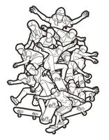 Outline  Skateboarder Group of Skateboard Players Action vector