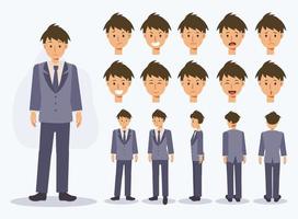 Set of Flat Vector Character Japanese student boy in uniform with various views, Cartoon style.