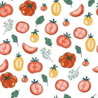 Tomatoes seamless pattern. Ripe tomatoes and greens. Vegetarian healthy food. Vegan, farm, organic, natural. Hand draw background of vegetable, good for fabric textile print or wrapping paper. Vector