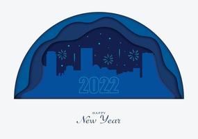 feliz año nuevo con paisaje de la ciudad y papel de fuegos artificiales vector