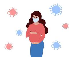 Pregnant woman in medical facial mask and covid virus. Healthy safety pregnancy during pandemic concept. Young mother is afraid of coronavirus. Vector flat illustration