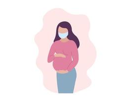 mujer embarazada con mascarilla médica y sosteniendo el vientre. concepto de embarazo saludable. vector ilustración plana