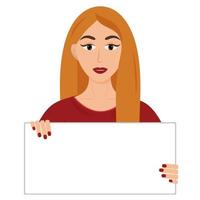 Beautiful girl holding poster for text, template. Vector illustration cartoon style