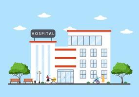 Hospital Building for Healthcare Background Vector Illustration with, Ambulance Car, Doctor, Patient, Nurses and Medical Clinic Exterior