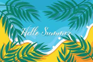 Background with phrase hello summer with beach and small palm leaves. vector