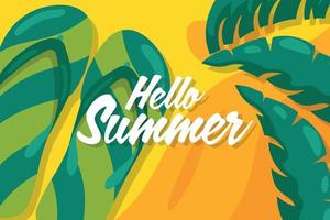Welcome summer background with green sandals and palm trees. vector