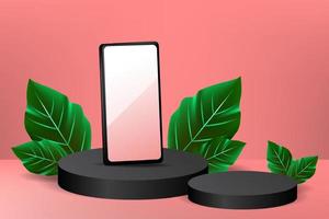 Escenario de podio 3d con smartphone y hojas ilustración vectorial vector