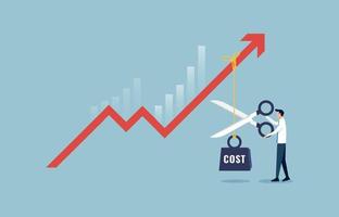 El empresario cortó la cuerda con el costo que cuelga de la flecha roja. Ilustración del concepto de reducción de costos, eficiencia y optimización. vector