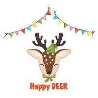 Cute deer in children style with festive decorations for Holiday, New Year and Christmas. Funny animals with caps and bows and garland of flags. Vector flat illustration