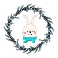 Cute white rabbit or hare in scarf in childish style with frame from festive Christmas wreath. Funny animal with happy face. Decorations for New Year and holiday. Vector flat illustration