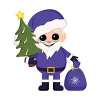 Santa Claus in costume and hat with bag of gifts and Christmas tree with star. Symbol of New Year and Christmas. Cute character with happy emotions and smile vector