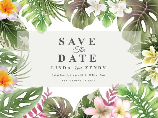 Elegant floral tropical watercolor wedding invitation card template