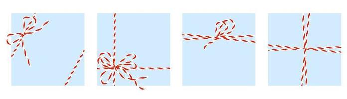 Red-white twine rope with a bow. Set decorative celebration Christmas lace for gifts, cards, letters. Vector isolated.