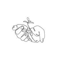 Dibujo a mano alzada, doodle de línea continua del tema de regreso a la naturaleza con manos sosteniendo una planta vector
