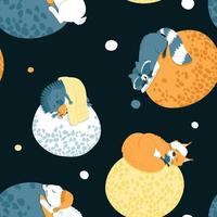 Seamless pattern of sleeping animals on planets in space vector