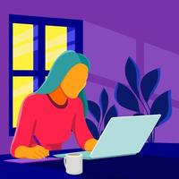 Ilustración de vector plano de una mujer que trabaja desde casa usando una computadora portátil. Adecuado para ilustraciones de un trabajo autónomo, a distancia, trabajo a distancia con la ayuda de Internet.