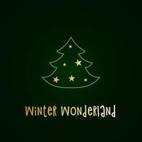 Green silhouette of a Christmas tree with snow and golden stars. Merry Christmas and Happy New Year 2022. Vector illustration. Winter Wonderland.