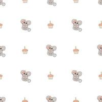Hand drawn cute animals. Seamless pattern. A mouse with a pink bow and a heart, cupcake with candle. White background. Vector. vector