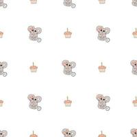 Hand drawn cute animals. Seamless pattern. A mouse with a pink bow and a heart, cupcake with candle. White background. Vector. vector