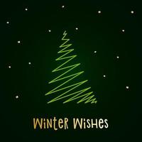 Green silhouette of a Christmas tree with snow and golden stars. Merry Christmas and Happy New Year 2022. Vector illustration. Winter Wishes.