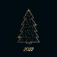 árbol de Navidad brillante con polvo brillante. icono de contorno metálico dorado con estrellas sobre un fondo azul oscuro. feliz navidad y próspero año nuevo 2022. dorado metalizado. ilustración vectorial. vector