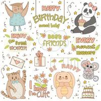 Hand drawn cute animals with lettering. Cat, Panda, Bunny with striped ears and a belly, Mouse with a pink bow and a heart, Owl in a blue dress with polka dots and boots. Gift and cake with candles. vector